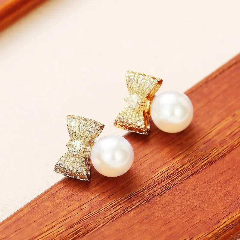 Huitan Dainty Women's Stud Earrings Bow Shape with Simulated Pearl Fashion Contracted Ear Accessories Wedding Statement Jewelry