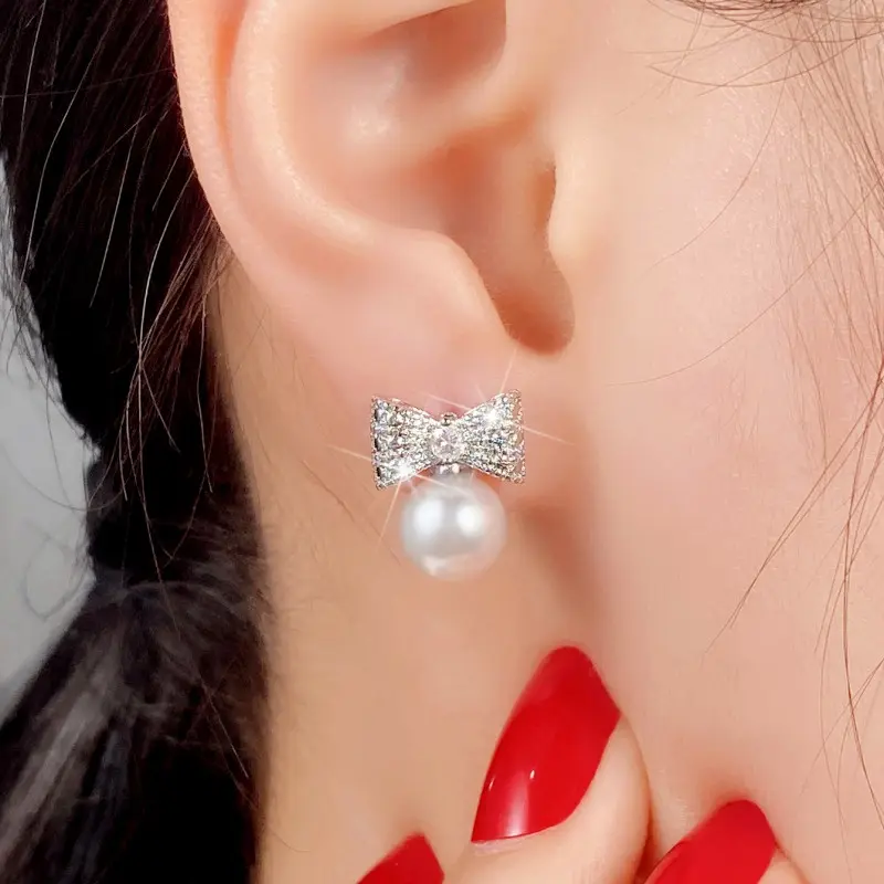 Huitan Dainty Women's Stud Earrings Bow Shape with Simulated Pearl Fashion Contracted Ear Accessories Wedding Statement Jewelry