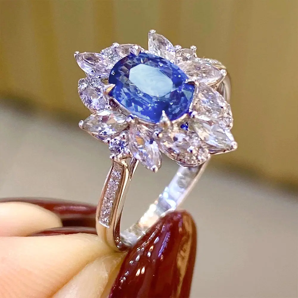 Huitan Luxury Oval Blue Cubic Zirconia Female Ring for Wedding Engagement Ceremony Party New Fashion Design Women's Ring Jewelry