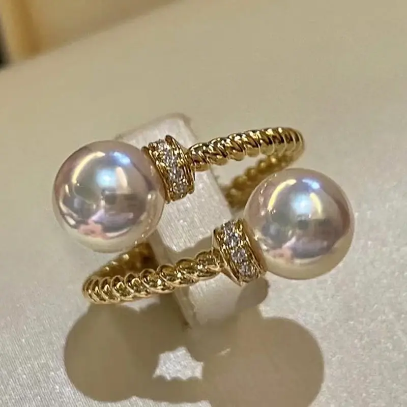 Huitan Korean Fashion Simulated Pearl Gold Color Ring for Women Temperament Resizable Finger Accessories Girls Trendy Jewelry