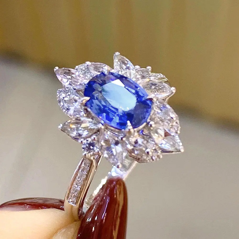 Huitan Luxury Oval Blue Cubic Zirconia Female Ring for Wedding Engagement Ceremony Party New Fashion Design Women's Ring Jewelry