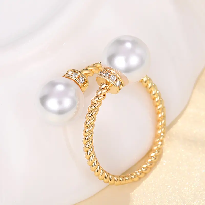 Huitan Korean Fashion Simulated Pearl Gold Color Ring for Women Temperament Resizable Finger Accessories Girls Trendy Jewelry
