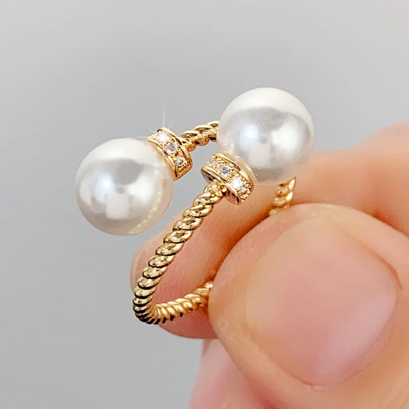 Huitan Korean Fashion Simulated Pearl Gold Color Ring for Women Temperament Resizable Finger Accessories Girls Trendy Jewelry