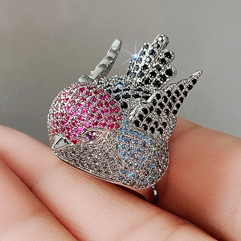 Huitan Hyperbole Bird Finger Ring Female for Cocktail Party Colorful Cubic Zirconia Bling Bling Animal Accessories Chic Jewelry