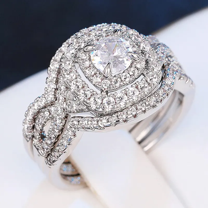 Huitan Gorgeous Sparkling Cubic Zirconia Set Rings for Women 2023 New Trend Wedding Accessories Silver Color Statement Jewelry