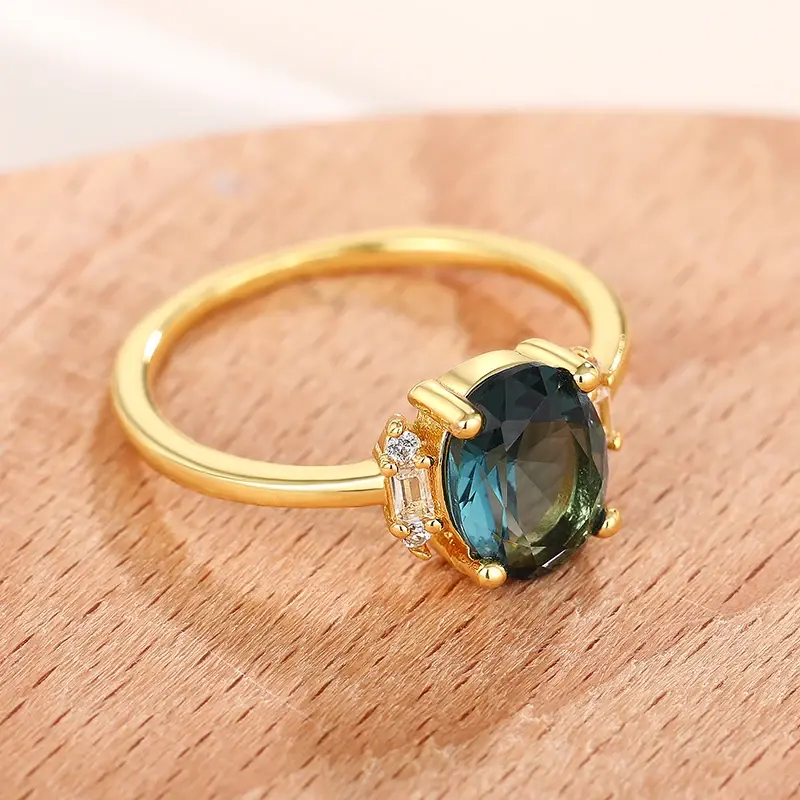 Huitan Graceful Oval Blue Cubic Zirconia Gold Color Women Rings Anniversary Party Elegant Lady Rings Fancy Gift Fashion Jewelry