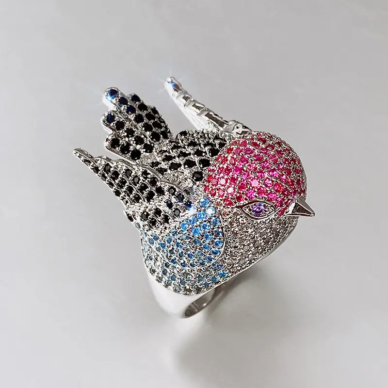Huitan Hyperbole Bird Finger Ring Female for Cocktail Party Colorful Cubic Zirconia Bling Bling Animal Accessories Chic Jewelry