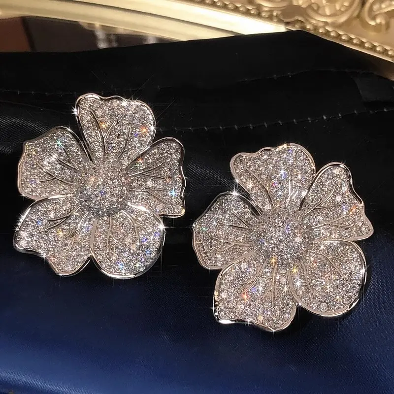 Huitan Aesthetic Big Flower Design Earrings for Women Full Bling Iced Out CZ Sparkling Female Earrings Wedding Trendy Jewelry