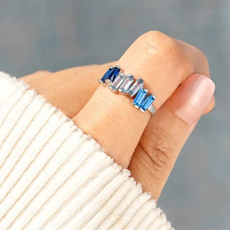 Huitan Fresh Blue Geometric Cubic Zirconia Rings for Women Trendy Characteristic Charms Party Jewelry Simple Stylish Accessories