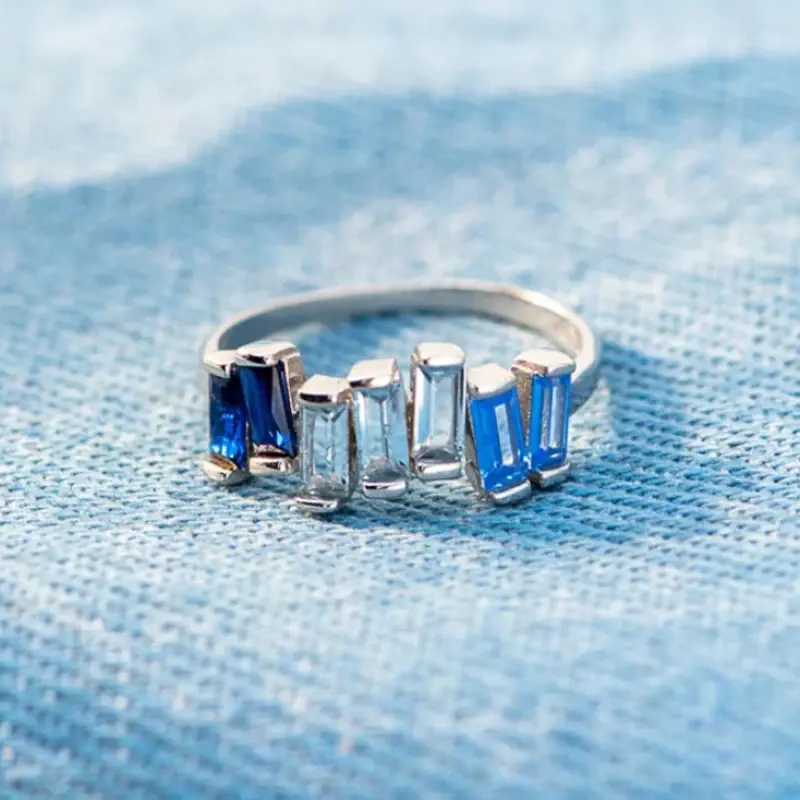Huitan Fresh Blue Geometric Cubic Zirconia Rings for Women Trendy Characteristic Charms Party Jewelry Simple Stylish Accessories