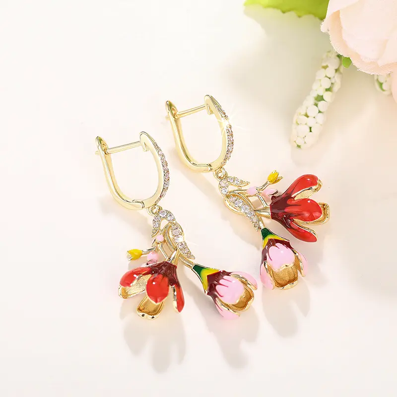 Huitan Bright Red Pink Flowers Dangle Earrings for Women Aesthetic Bridal Wedding Accessories Fancy Gift Enamel Fashion Jewelry