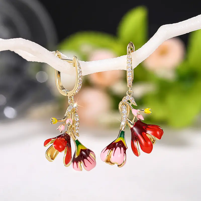 Huitan Bright Red Pink Flowers Dangle Earrings for Women Aesthetic Bridal Wedding Accessories Fancy Gift Enamel Fashion Jewelry