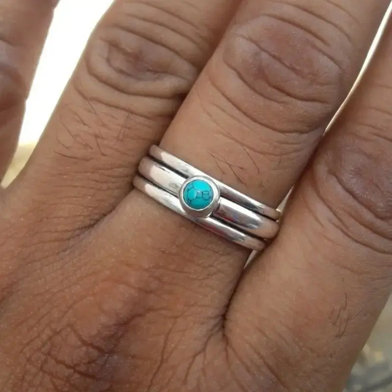 Huitan Imitation Turquoise Rings for Women Metal Simple Versatile Lady's Finger-ring Boho Style Daily Wear Party Beach Jewelry