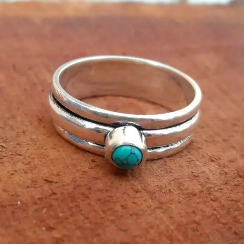 Huitan Imitation Turquoise Rings for Women Metal Simple Versatile Lady's Finger-ring Boho Style Daily Wear Party Beach Jewelry