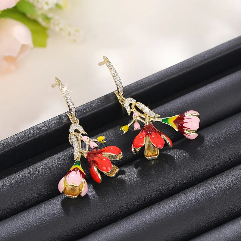Huitan Bright Red Pink Flowers Dangle Earrings for Women Aesthetic Bridal Wedding Accessories Fancy Gift Enamel Fashion Jewelry