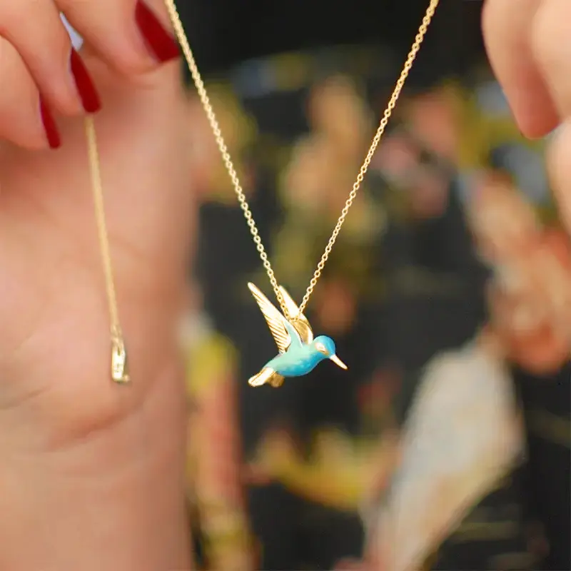 Huitan Blue Green Enamel Bird Necklace for Women Silver Color Gold Plated Cute Bird Pendant Necklace Gift Unique Wedding Jewelry