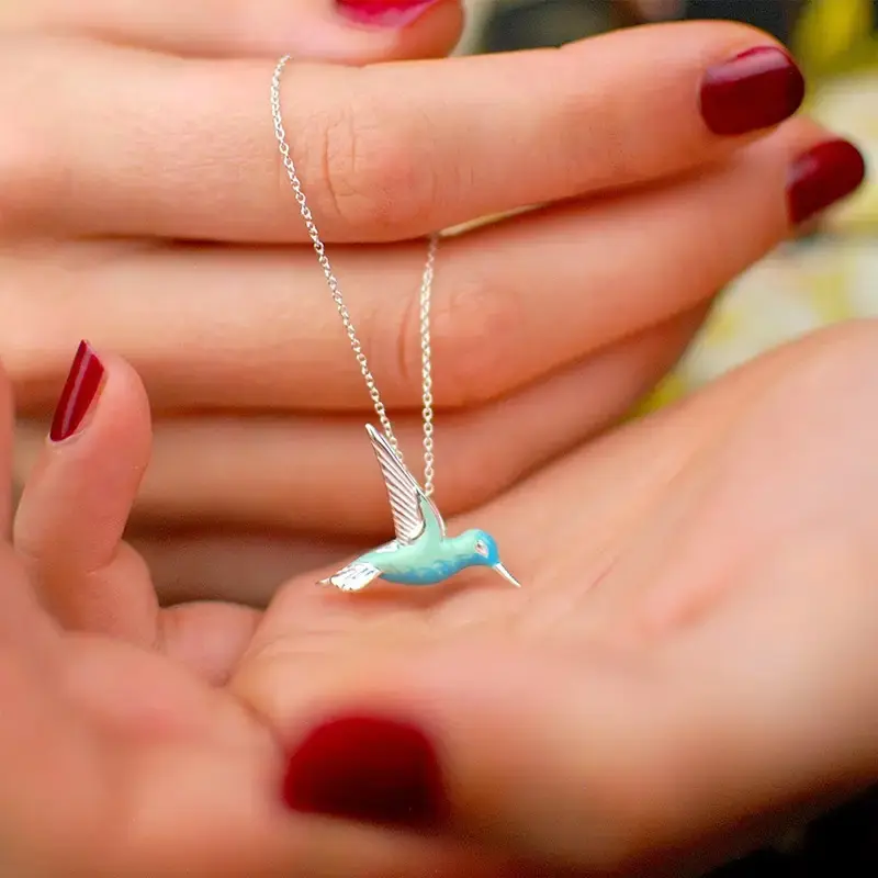 Huitan Blue Green Enamel Bird Necklace for Women Silver Color Gold Plated Cute Bird Pendant Necklace Gift Unique Wedding Jewelry