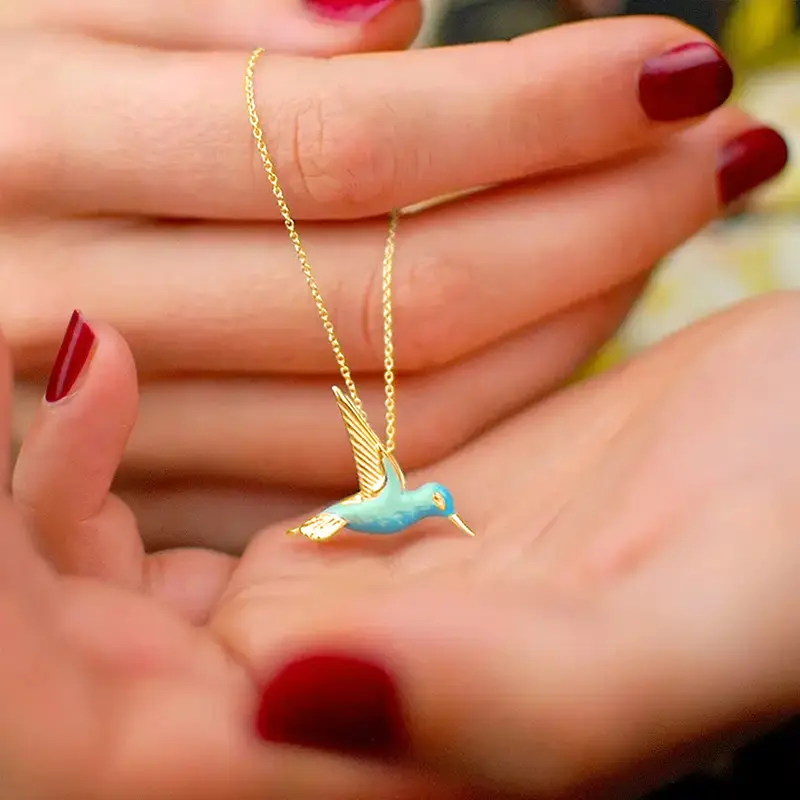 Huitan Blue Green Enamel Bird Necklace for Women Silver Color Gold Plated Cute Bird Pendant Necklace Gift Unique Wedding Jewelry
