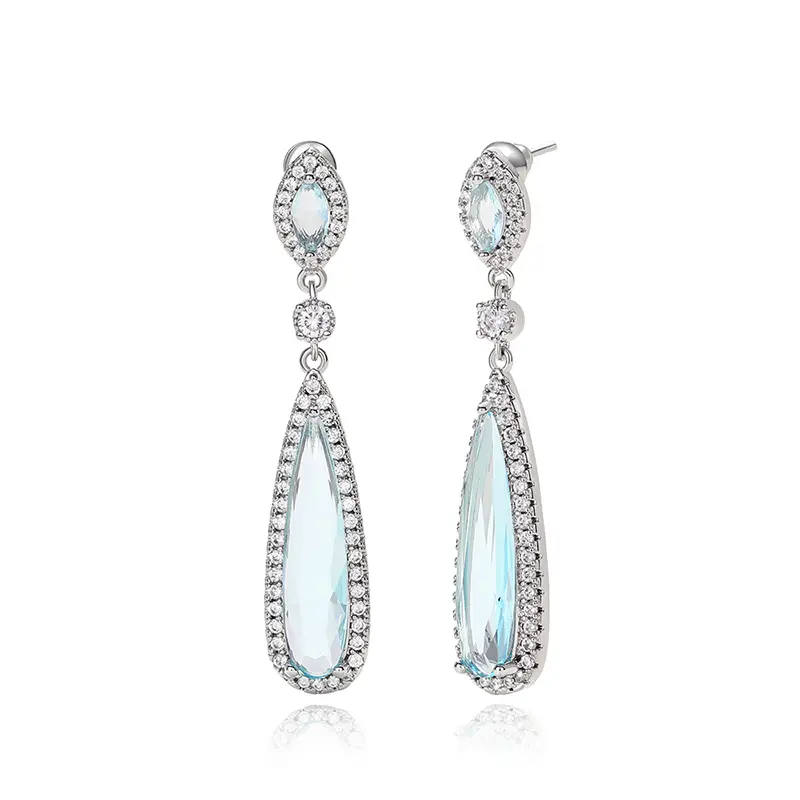 Huitan Pear Light Blue CZ Long Dangle Earrings for Women Temperament Elegant Bridal Wedding Earrings Fancy Gift Fashion Jewelry