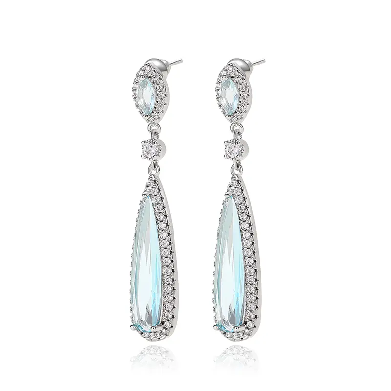 Huitan Pear Light Blue CZ Long Dangle Earrings for Women Temperament Elegant Bridal Wedding Earrings Fancy Gift Fashion Jewelry
