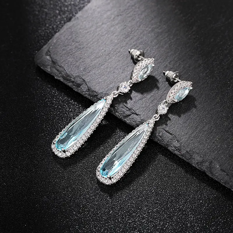 Huitan Pear Light Blue CZ Long Dangle Earrings for Women Temperament Elegant Bridal Wedding Earrings Fancy Gift Fashion Jewelry