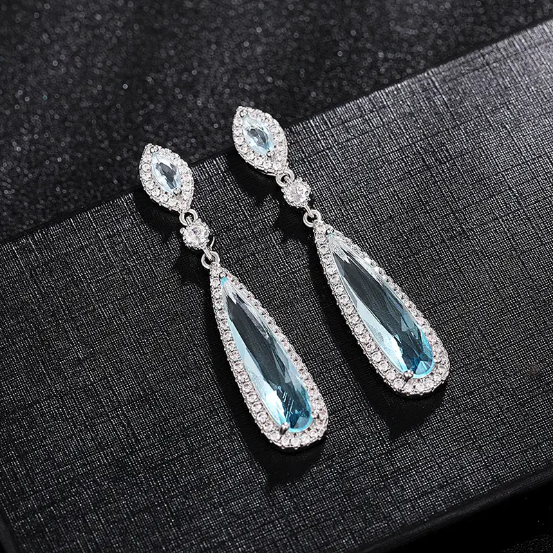Huitan Pear Light Blue CZ Long Dangle Earrings for Women Temperament Elegant Bridal Wedding Earrings Fancy Gift Fashion Jewelry