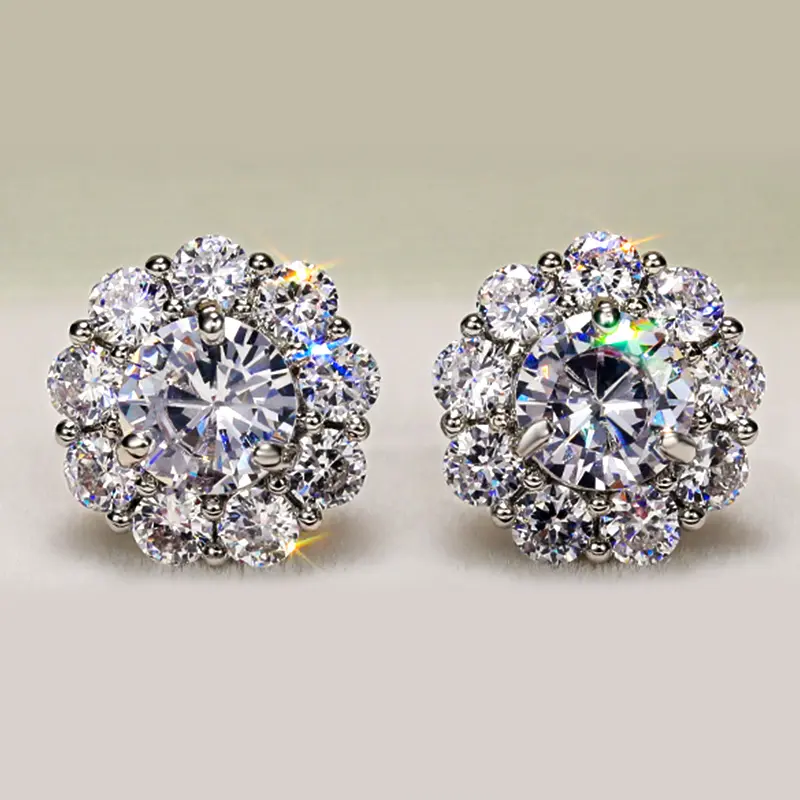 Huitan Romantic Flower Shape Women's Stud Earring Dazzling Round Zirconia Crystal Versatile Accessories Female Statement Jewelry
