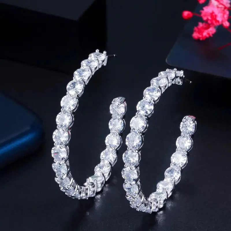 Huitan Big Circle Hoop Earrings Micro Paved Cubic Zirconia Sparkling Women's Accessories Modern Fashion Female Jewelry Versatile