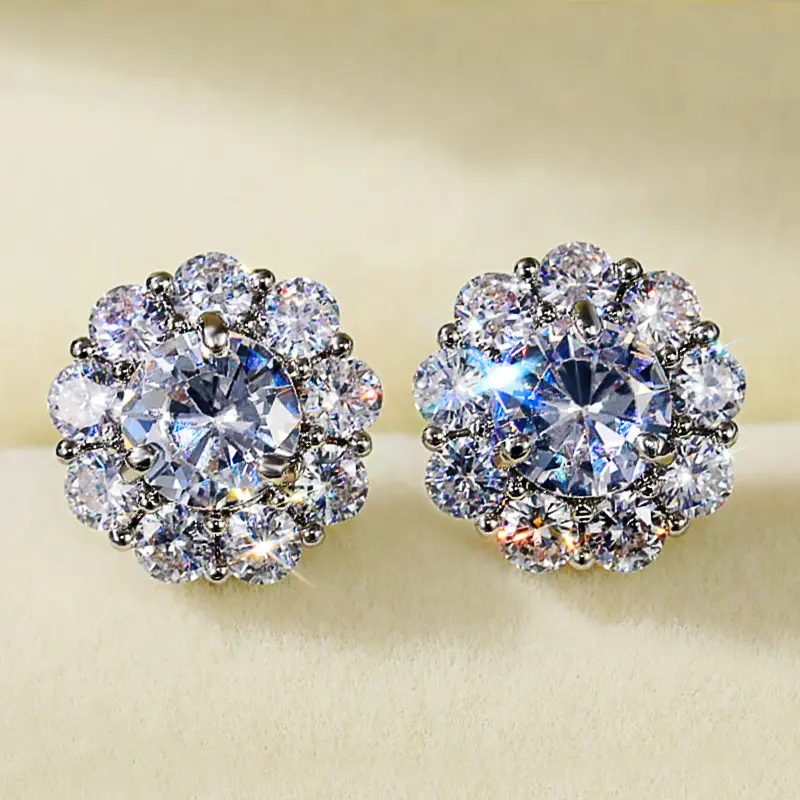 Huitan Romantic Flower Shape Women's Stud Earring Dazzling Round Zirconia Crystal Versatile Accessories Female Statement Jewelry