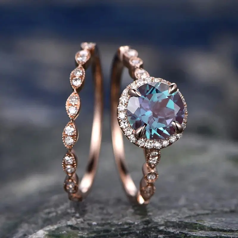 Huitan Luxury Trendy Ring Set for Women Round Blue Cubic Zirconia Chic Engagement Wedding Double Rings Fashion Female Jewelry