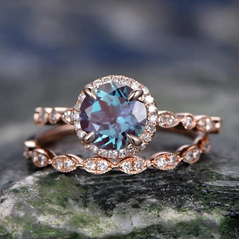 Huitan Luxury Trendy Ring Set for Women Round Blue Cubic Zirconia Chic Engagement Wedding Double Rings Fashion Female Jewelry