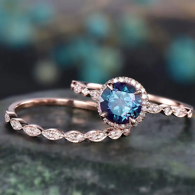 Huitan Luxury Trendy Ring Set for Women Round Blue Cubic Zirconia Chic Engagement Wedding Double Rings Fashion Female Jewelry