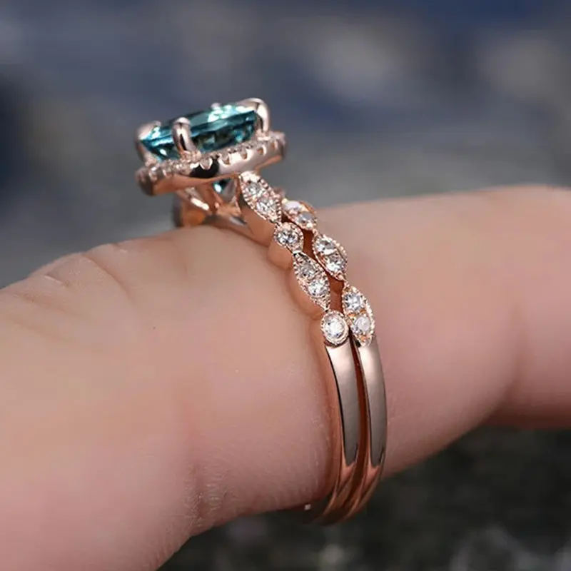 Huitan Luxury Trendy Ring Set for Women Round Blue Cubic Zirconia Chic Engagement Wedding Double Rings Fashion Female Jewelry
