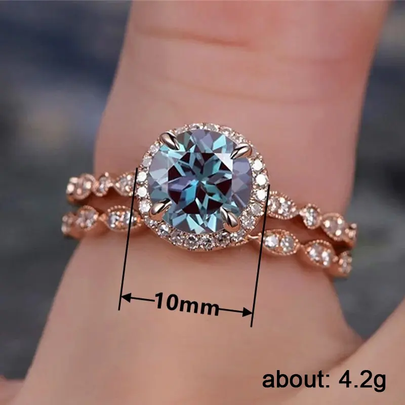 Huitan Luxury Trendy Ring Set for Women Round Blue Cubic Zirconia Chic Engagement Wedding Double Rings Fashion Female Jewelry