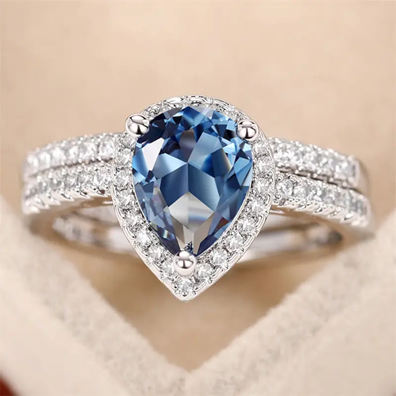 Huitan Gorgeous Blue Water Drop Cubic Zirconia Rings 2Pcs/Set Temperament Elegant Lady's Ring for Party Anniversary Gift Jewelry