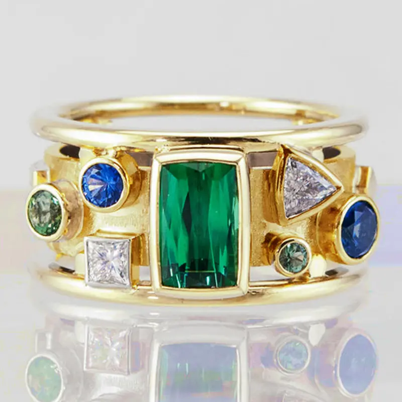 Huitan Luxury Retro Women Geometric Finger Ring Vintage Party Accessories Green/Blue/White Zircon Stones Female Jewelry New Ring