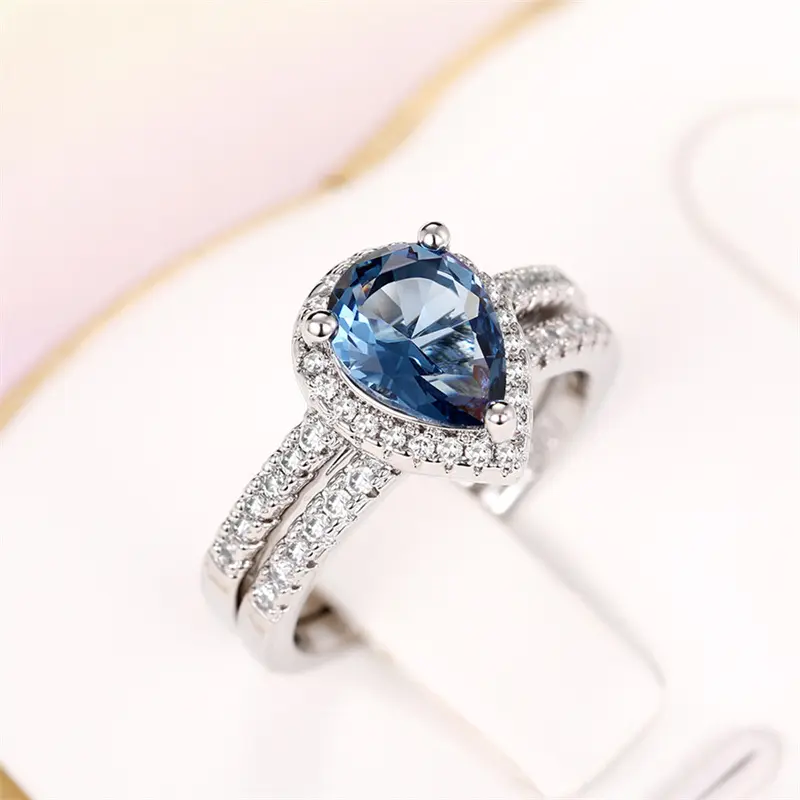 Huitan Gorgeous Blue Water Drop Cubic Zirconia Rings 2Pcs/Set Temperament Elegant Lady's Ring for Party Anniversary Gift Jewelry
