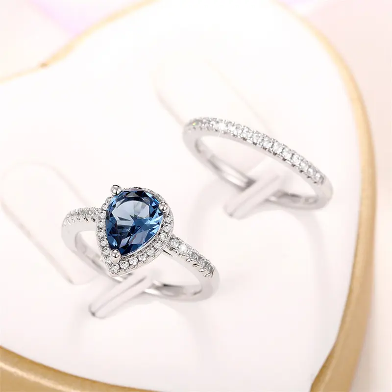 Huitan Gorgeous Blue Water Drop Cubic Zirconia Rings 2Pcs/Set Temperament Elegant Lady's Ring for Party Anniversary Gift Jewelry