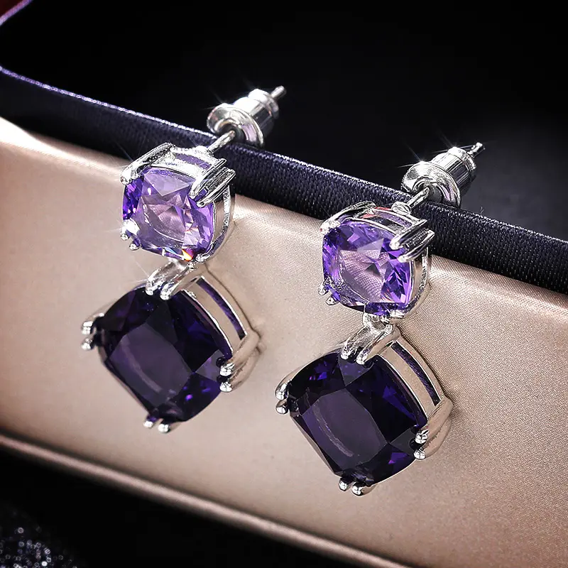 Huitan Purple Color Cubic Zirconia Dangle Earrings for Women Wedding Engagement Party Graceful Earring Ladies' Fashion Jewelry