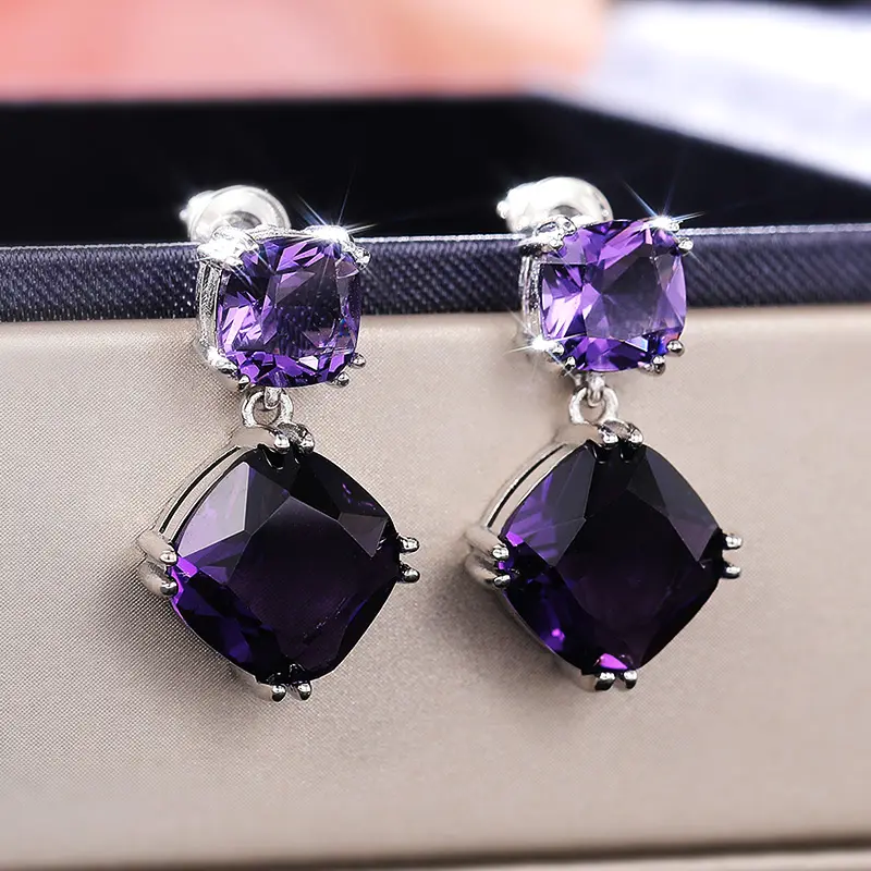 Huitan Purple Color Cubic Zirconia Dangle Earrings for Women Wedding Engagement Party Graceful Earring Ladies' Fashion Jewelry