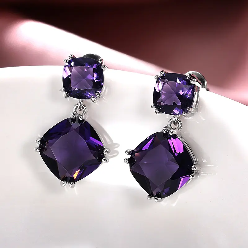 Huitan Purple Color Cubic Zirconia Dangle Earrings for Women Wedding Engagement Party Graceful Earring Ladies' Fashion Jewelry