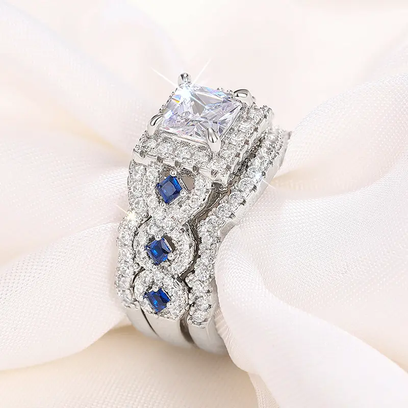 Huitan 3Pcs Set Rings Luxury Wedding Accessories Princess White/Blue CZ New Fashion Female Accessories Engagement Party Jewelry