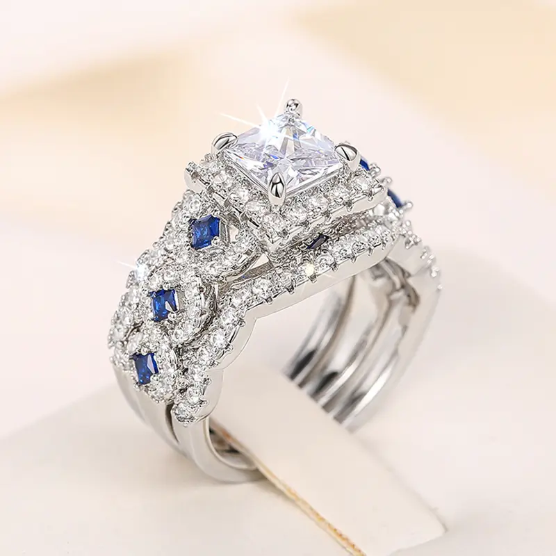Huitan 3Pcs Set Rings Luxury Wedding Accessories Princess White/Blue CZ New Fashion Female Accessories Engagement Party Jewelry