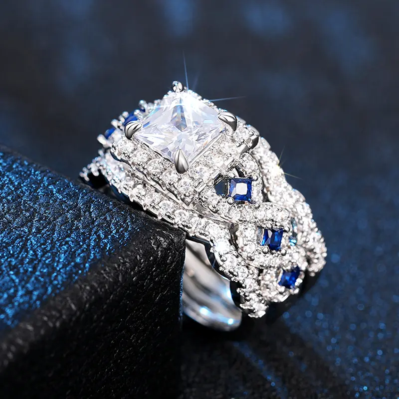 Huitan 3Pcs Set Rings Luxury Wedding Accessories Princess White/Blue CZ New Fashion Female Accessories Engagement Party Jewelry