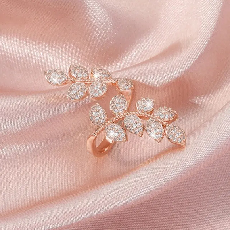 Huitan Rose Gold Color Leaf Shaped Resizable Opening Rings for Women Temperament Elegant Female Ring Wedding Party Trend Jewelry