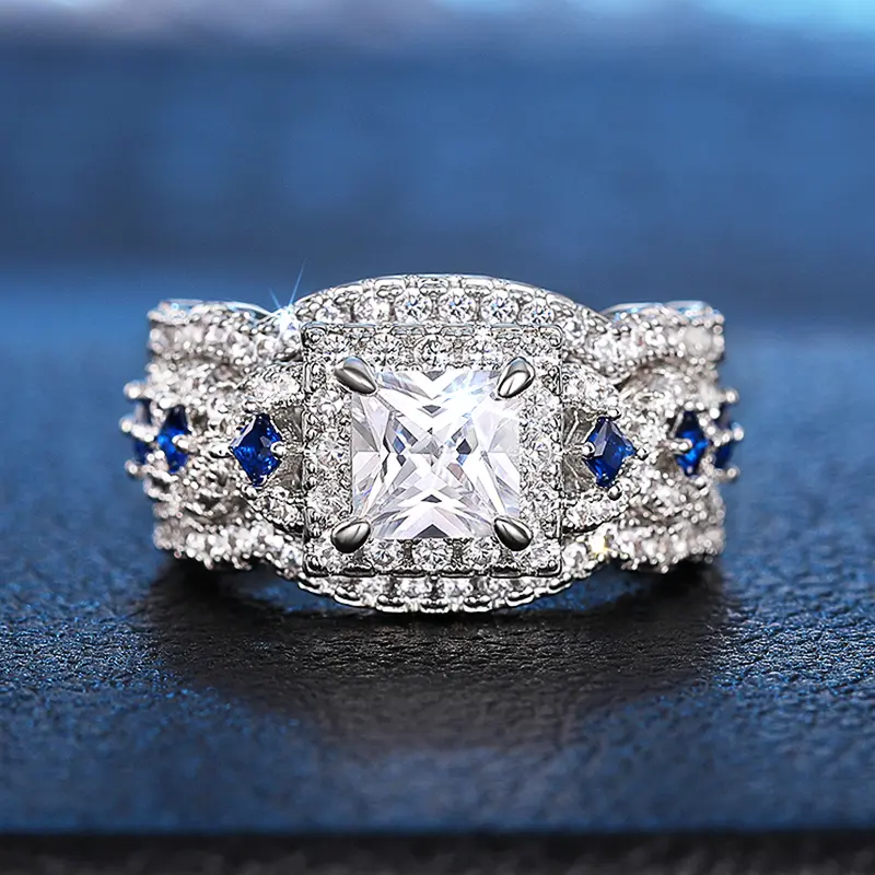 Huitan 3Pcs Set Rings Luxury Wedding Accessories Princess White/Blue CZ New Fashion Female Accessories Engagement Party Jewelry