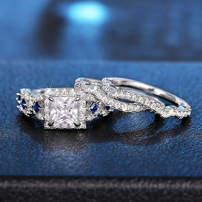 Huitan 3Pcs Set Rings Luxury Wedding Accessories Princess White/Blue CZ New Fashion Female Accessories Engagement Party Jewelry