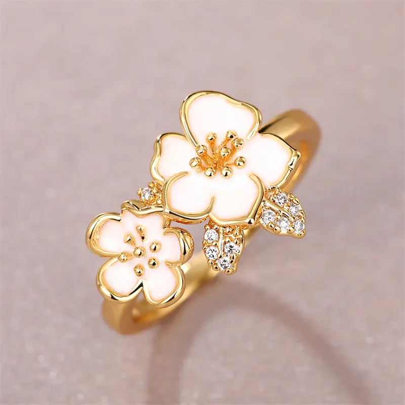 Huitan 2023 Trend Women Double Flowers Rings White Enamel Sparkling CZ Fancy Female Finger Accessories Gift Statement Jewelry