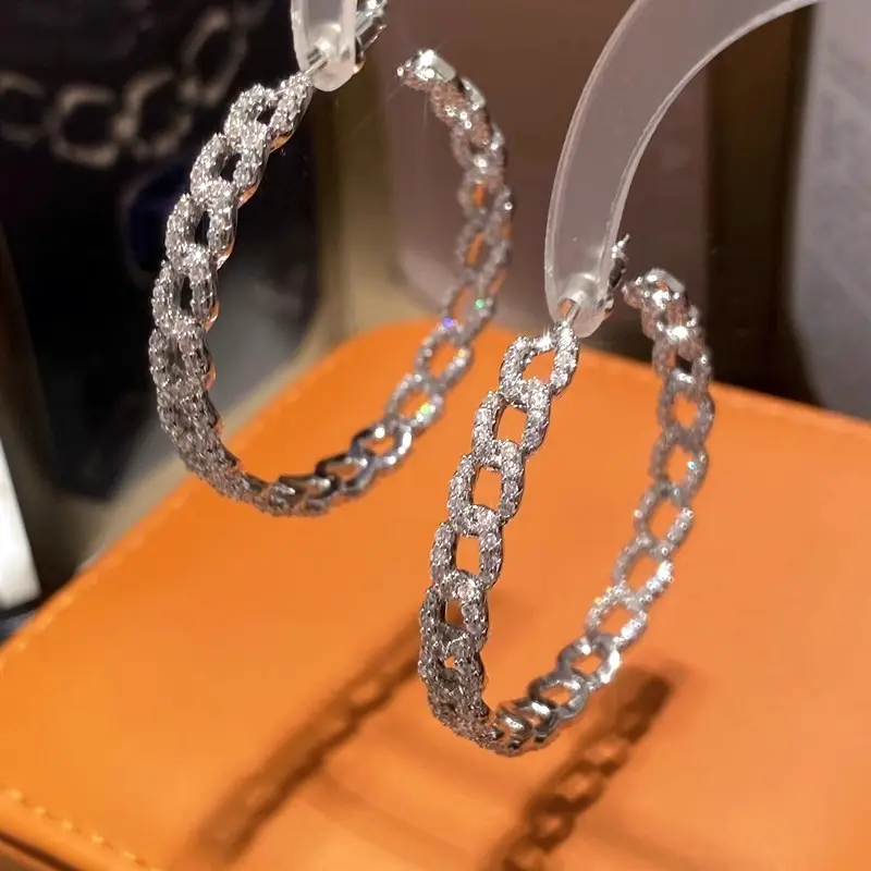 Huitan Luxury Bright Zirconia Loop Earrings Chain Shape Accessories for Women Gorgeous Silver Color Jewelry for Engagement Party