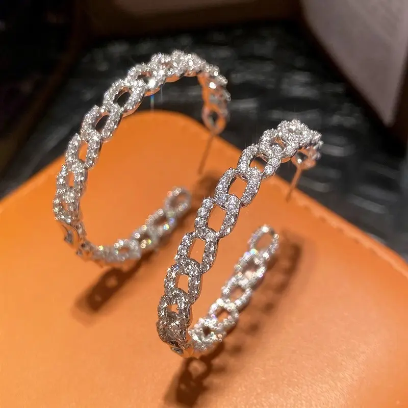 Huitan Luxury Bright Zirconia Loop Earrings Chain Shape Accessories for Women Gorgeous Silver Color Jewelry for Engagement Party